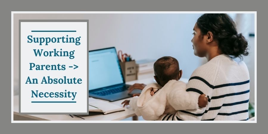 Supporting working parents illustrated through a dark haired woman sitting in front of a coputer with a child in her lap.